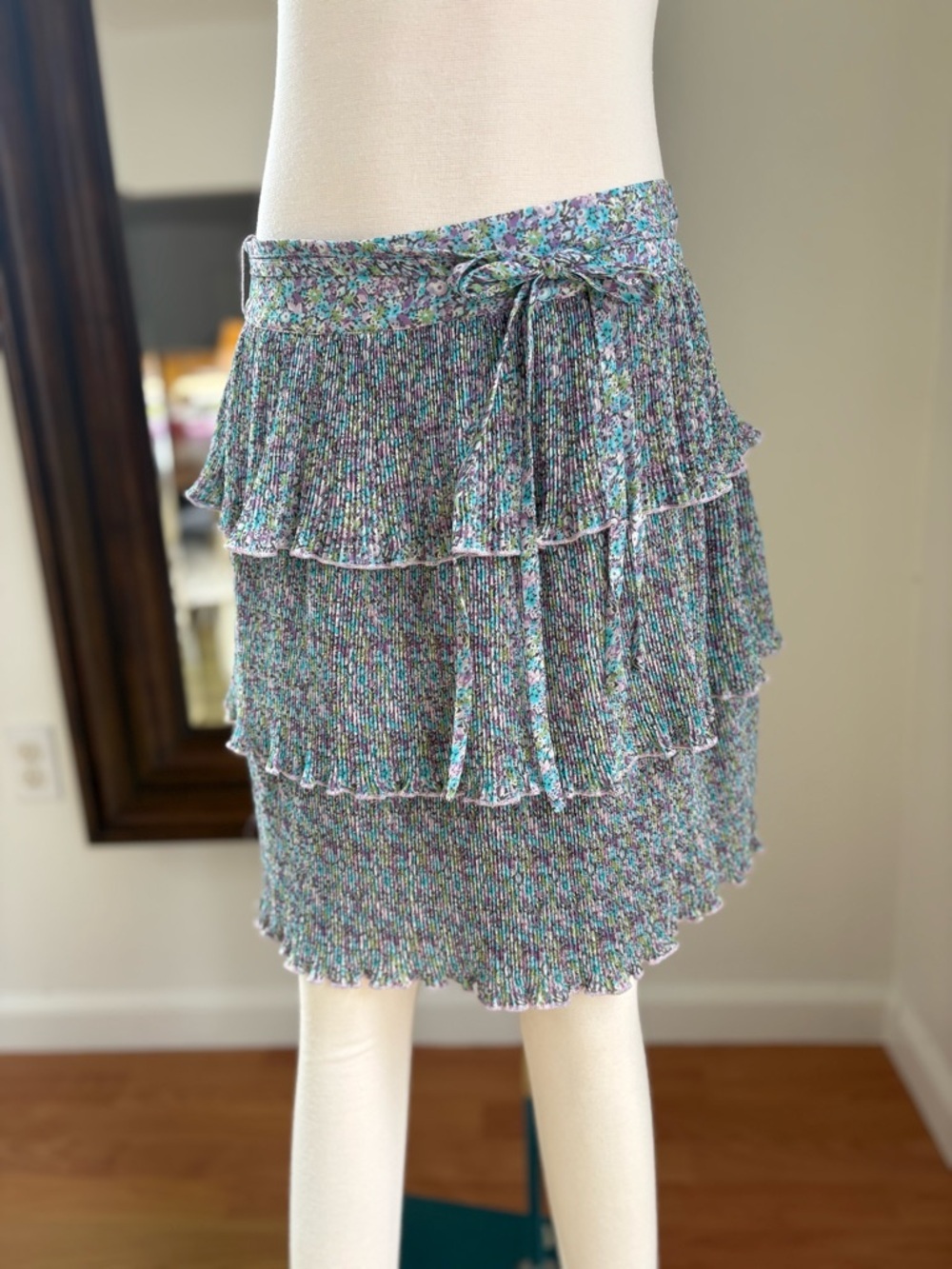Darling Floral Tiered Knit Mini Skirt - Blue & Green